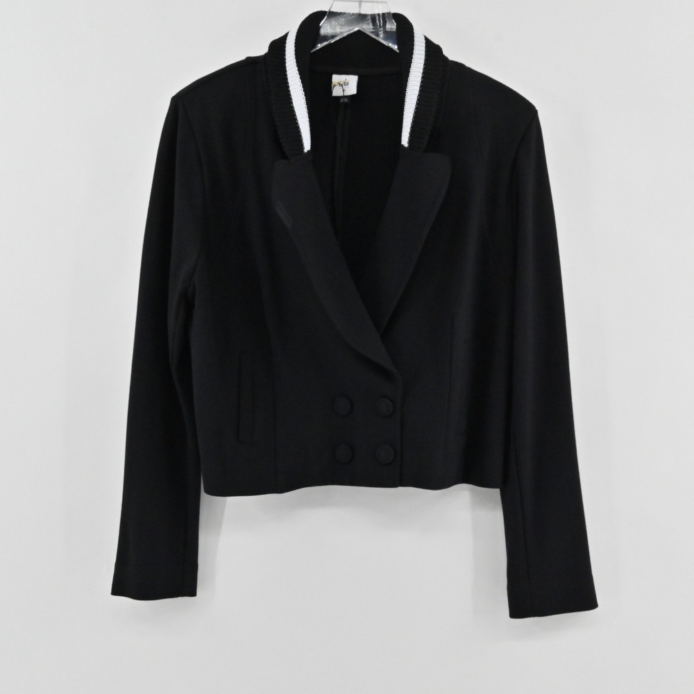 Cabi Black Tie Jacket Womens Size 16 Cropped Double Breasted Blazer Preppy 6033